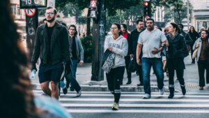 People walking to work in the street