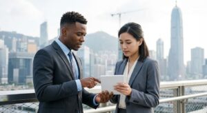 Two diverse business professionals in suits looking at a tablet against a city skyline.