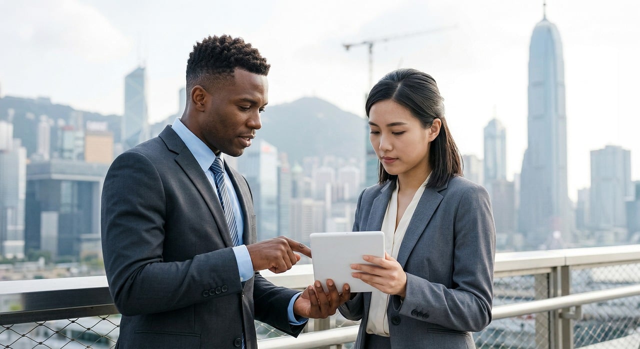 Two diverse business professionals in suits looking at a tablet against a city skyline.
