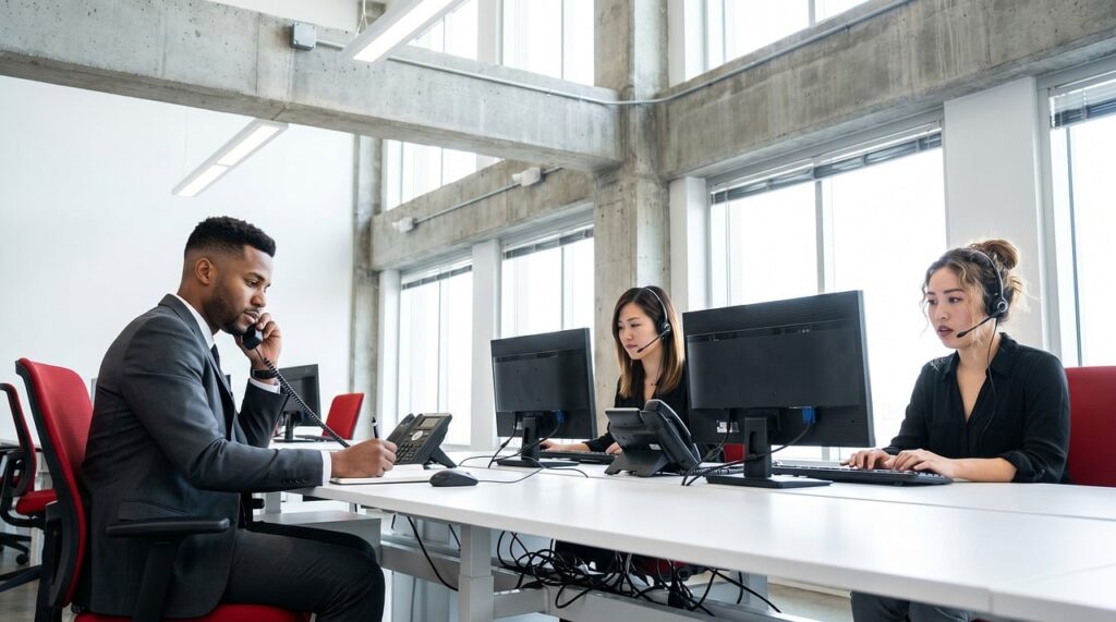 Office support agents talking on phones and typing on computers in a modern workspace.