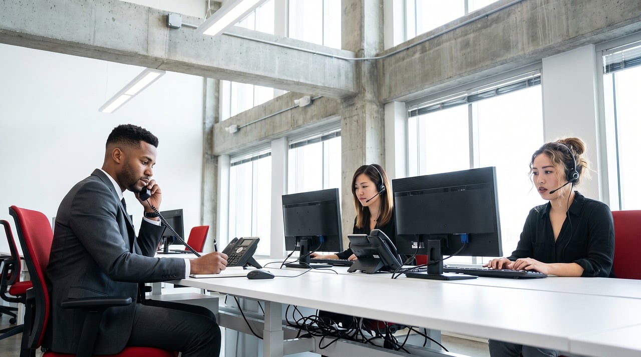 Office support agents talking on phones and typing on computers in a modern workspace.